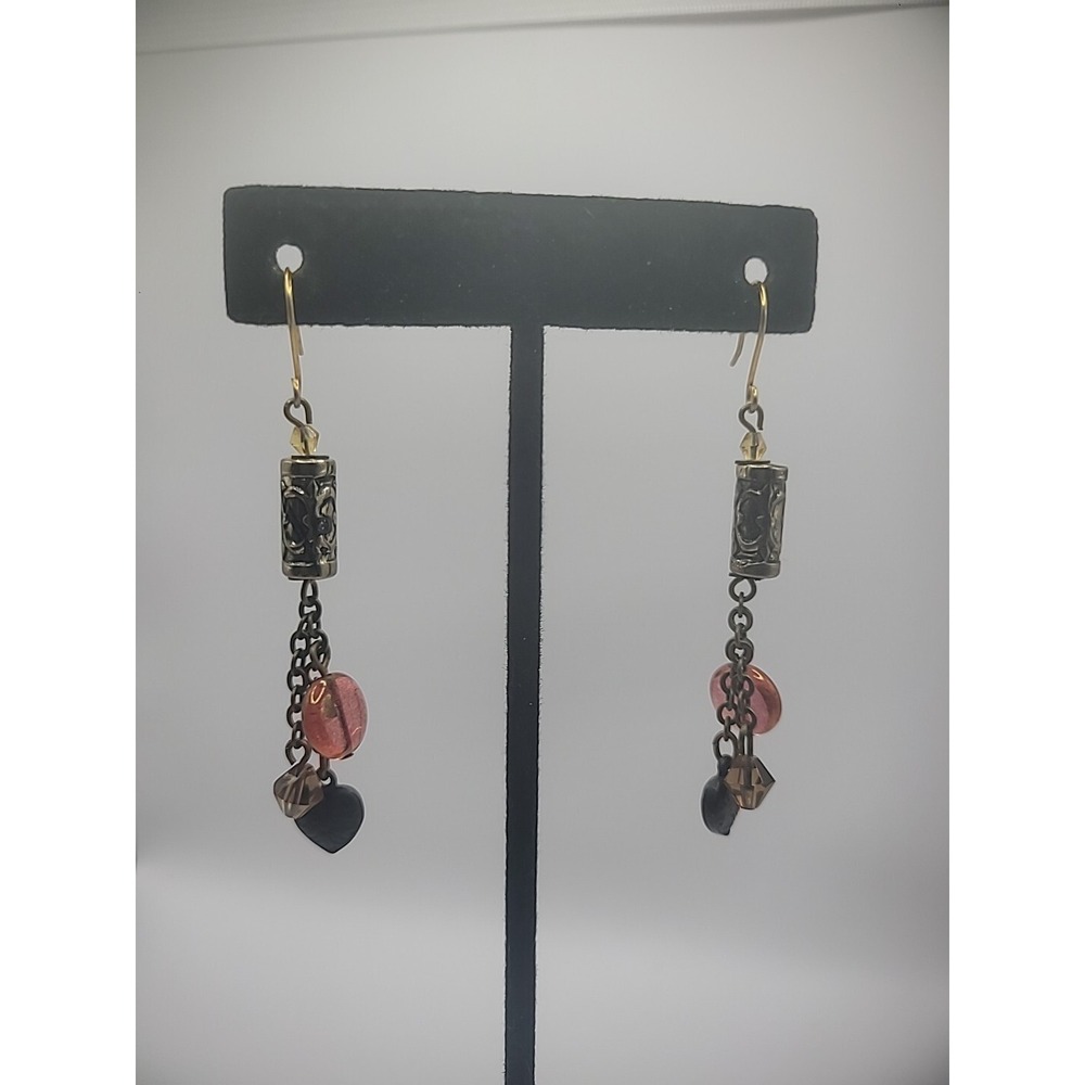Vintage Gold Tone  Red Black Multi Strand Hook Pierced Womens Jewelry Costume